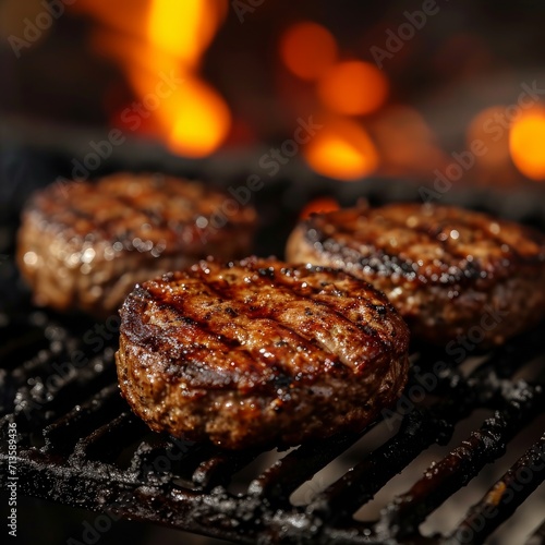 Grilled meat on the grill. Grilled beef patty on Grill.