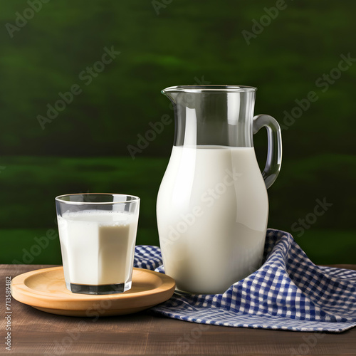 Glass jug of fresh milk on wooden table