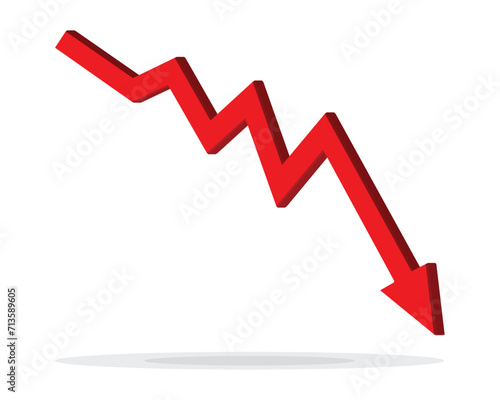 Red 3d arrow going down stock icon on white background. Bankruptcy, financial market crash icon for your web site design, logo, app, UI. graph chart downtrend symbol.chart going down sign. photo