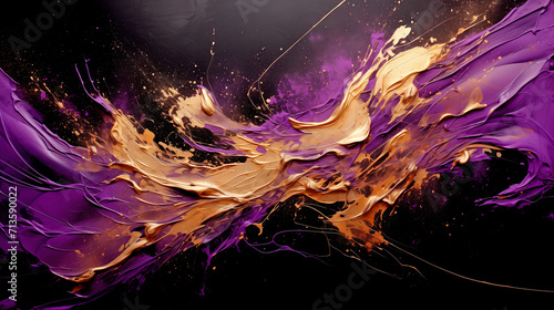 Impressive Explosion of Splashes of Gold and Purple Paint on a Black Background - Abstract Painting
