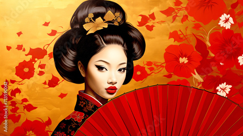 Portrait of a Japanese Geisha with a Fan. Beautiful Elegant Geisha in a Traditional Japanese Red Kimono