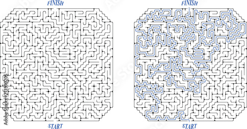 Huge square labyrinth with cropped corners. Maze of high complexity with solution. Black and white complex riddle with high level of difficulty. Nice brainstorm puzzle