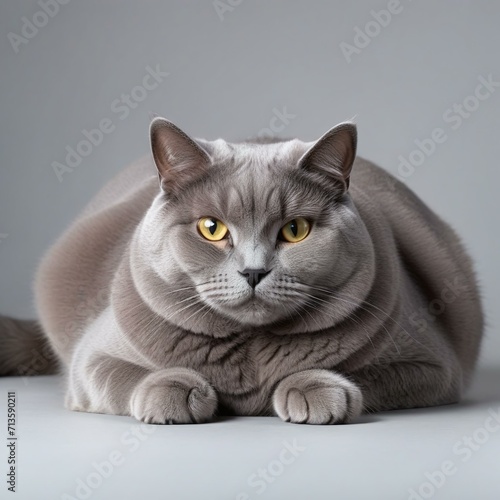 Gray Pudgy Cat: Adorable Studio Photo of Lying Down and Staring Cat