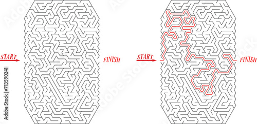 Vertical labyrinth of medium complexity with solution. Black and white complex maze with middle level of difficulty. Nice brainstorm puzzle for clever pupils or students.