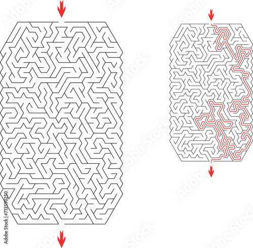 Vertical labyrinth of medium complexity with solution. Black and white complex maze with middle level of difficulty. Nice brainstorm puzzle for clever pupils or students.