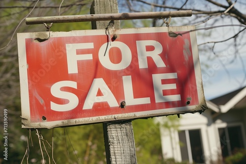 an old worn and dirty realtor for sale sign in front of house that won't sell because of the housing crisis 