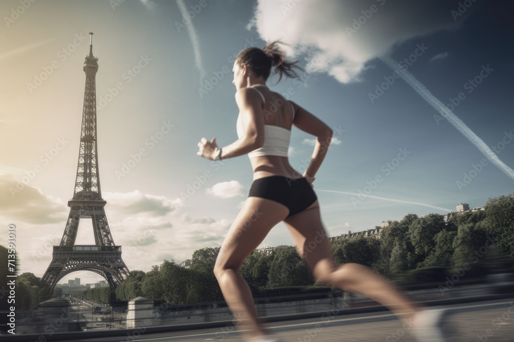 one girl jogging in front of the eiffel tower one girl jogging in front of the eiffel tower
