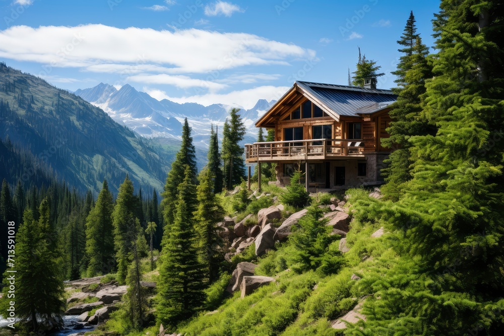 Cabin Nestled on Mountainside Amidst Lush Trees and Serene Surroundings Cabin Nestled on Mountainside Amidst Lush Trees and Serene Surroundings