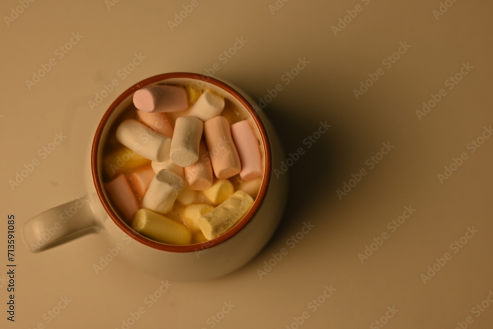 cocoa with marshmallow and croissant, breakfast concept, coffee with marshmallow and croissant on white background cocoa with marshmallow and croissant, breakfast concept, coffee with marshmallow and croissant on white background