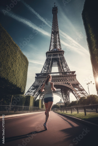 one girl jogging in front of the eiffel tower