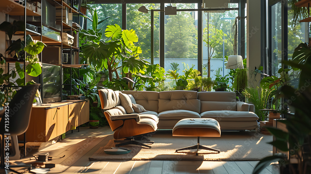 Uma sala de estar moderna e elegante é adornada com uma variedade de exuberantes plantas verdes criando um espaço que transmite frescor vitalidade e conexão com a natureza - obrazy, fototapety, plakaty 
