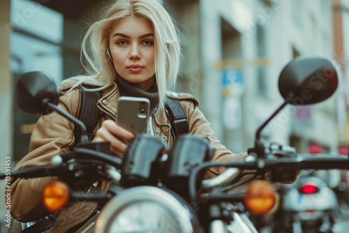 Young blonde woman using smartphone sitting on motorcycle at street