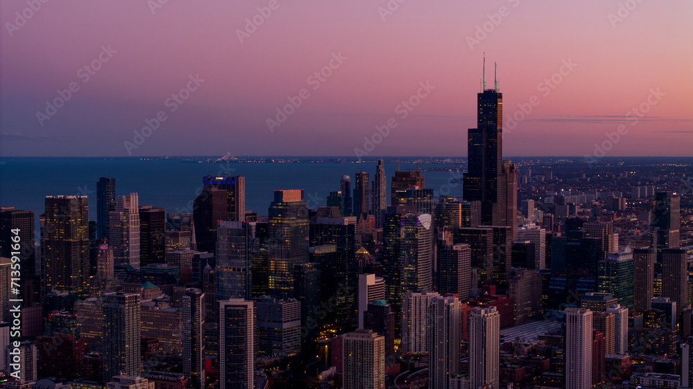 Aerial view of the city of downtown Chicago skyline