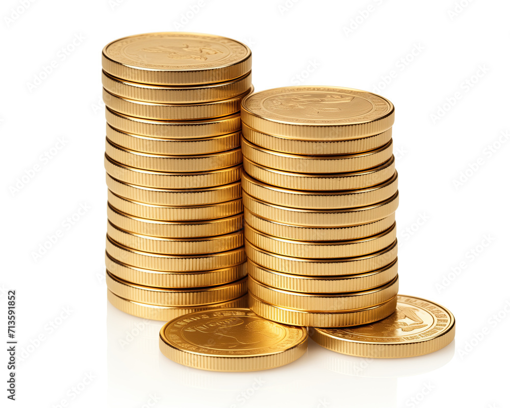 A close-up image showcasing stacks of shiny golden coins isolated on a white background, symbolizing wealth and savings. A close-up image showcasing stacks of shiny golden coins isolated on a white background, symbolizing wealth and savings.