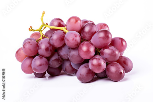 A vibrant and detailed close-up image showcasing a bunch of fresh, juicy red grapes accompanied by a green leaf, perfectly isolated on a white background.