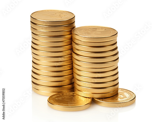 A close-up image showcasing stacks of shiny golden coins isolated on a white background, symbolizing wealth and savings.