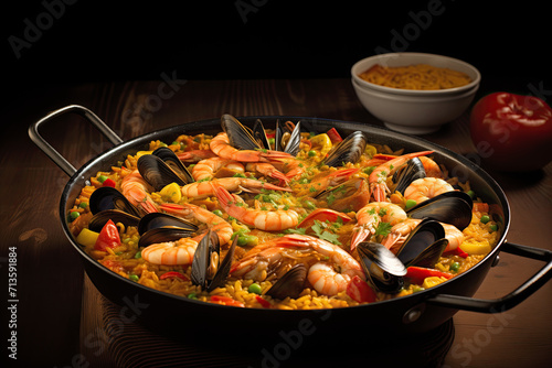 A colorful seafood paella dish with shrimp, mussels, and vegetables, garnished with lemon wedges and herbs, presented on a dark wooden table. Perfect for Mediterranean cuisine enthusiasts.