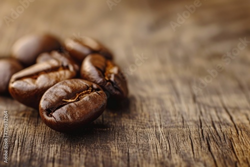 Pile of Coffee Beans on Wooden Table