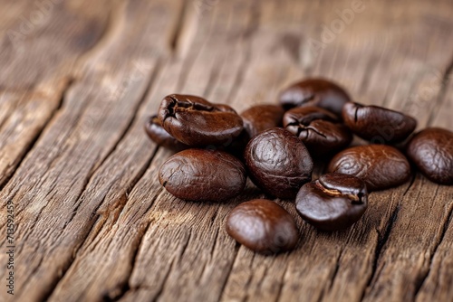 Heap of Coffee Beans on Wooden Table