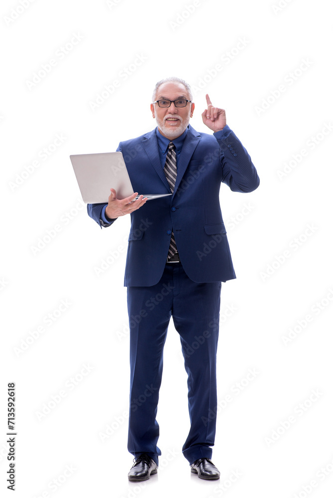 Old businessman holding laptop isolated on white Old businessman holding laptop isolated on white