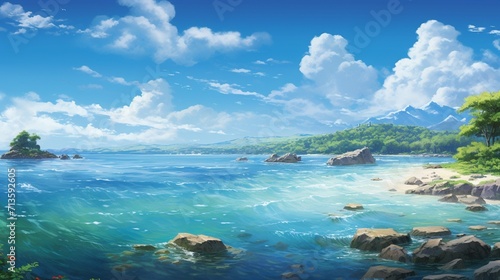A scenic coastal view with crystal-clear waters and a cloud-dotted sky, showcasing the vibrant colors and tranquility of a seaside scene in daylight. - Generative AI