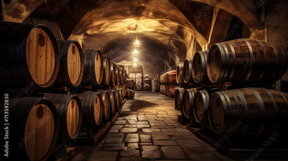 Several barrels of wine in a wine cellar in a traditional underground winery comeliness