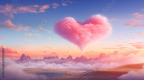 A scenic landscape with heart-shaped clouds in a pastel sky, leaving ample space for text integration amidst the dreamy Valentine's Day scene - Generative AI © Everything is here