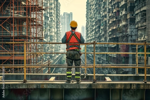 Fényképezés workman standing on an overpass with scaffolding Generative AI
