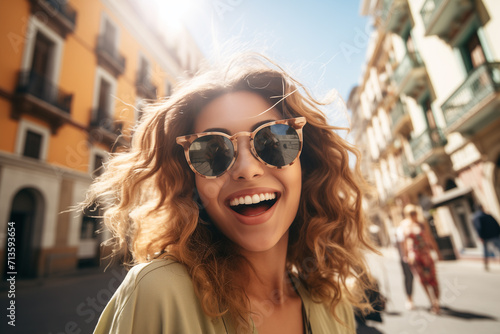 Selfie portrait. Traveler girl in sunglasses in street of old town in Valencia. Young tourist in solo travel. Vacation, holiday, trip