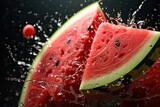 Sliced watermelon floating in the air with water splashes, juicy close up food studio shot with black background