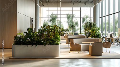 Um espaço de escritório moderno e elegante com grandes janelas inundadas de luz natural photo