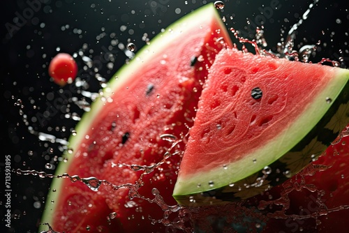 Sliced watermelon floating in the air with water splashes, juicy close up food studio shot with black background photo
