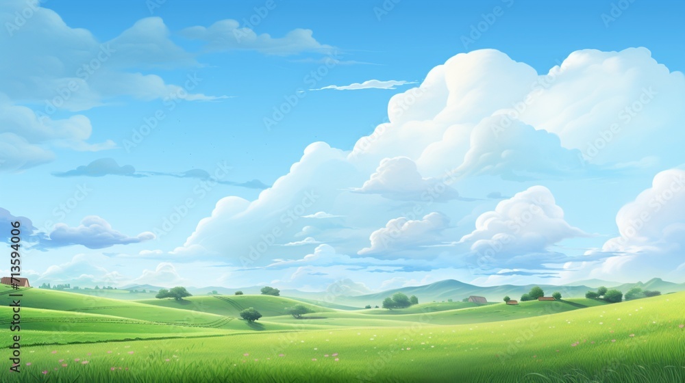 Obraz premium A serene countryside landscape with a non-deformed human figure enjoying a leisurely bike ride, surrounded by rolling hills and blooming fields - Generative AI