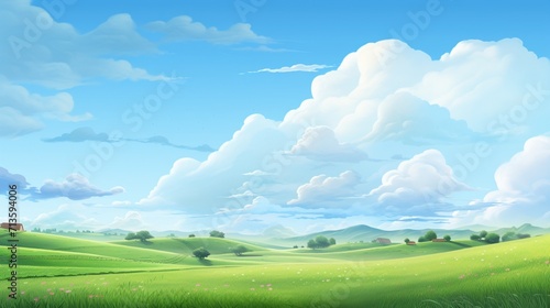 A serene countryside landscape with a non-deformed human figure enjoying a leisurely bike ride, surrounded by rolling hills and blooming fields - Generative AI