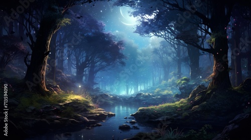 A serene forest clearing under the Milky Way, showcasing the mystical charm of a moonlit forest bathed in starlight - Generative AI