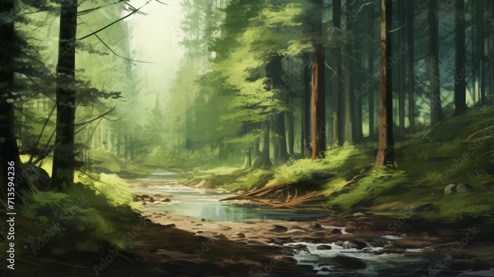 Obraz premium A serene forest scene with lush trees and a gentle stream, leaving space for text overlay against the tranquil natural setting - Generative AI