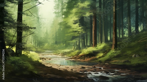 A serene forest scene with lush trees and a gentle stream, leaving space for text overlay against the tranquil natural setting - Generative AI