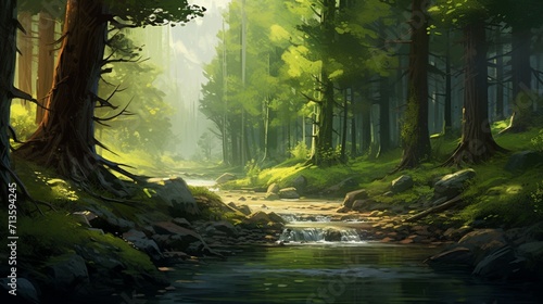 A serene forest scene with lush trees and a gentle stream, leaving space for text overlay against the tranquil natural setting - Generative AI © Huzaifa