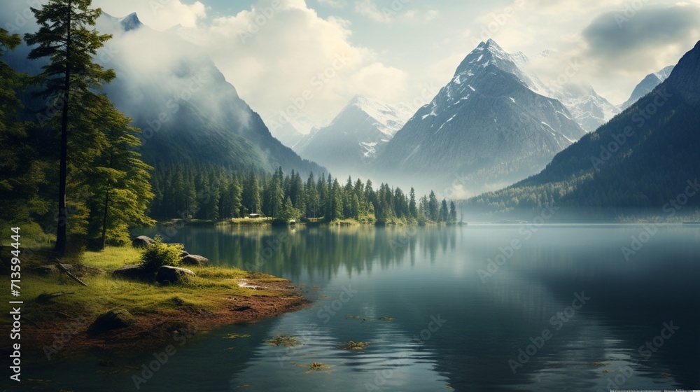 A serene lake nestled among towering mountains, offering a tranquil space for text placement against the majestic natural landscape. - Generative AI