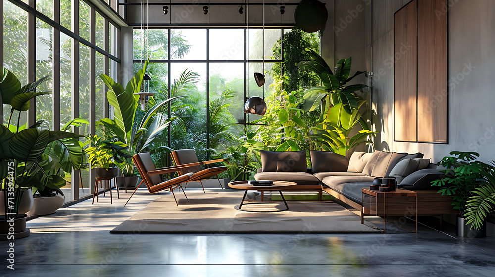 Uma ampla sala de estar moderna repleta de uma abundância de exuberantes plantas verdes e acolhedores móveis de madeira