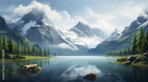 A serene lake nestled among towering mountains  offering a tranquil space for text placement against the majestic natural landscape. - Generative AI