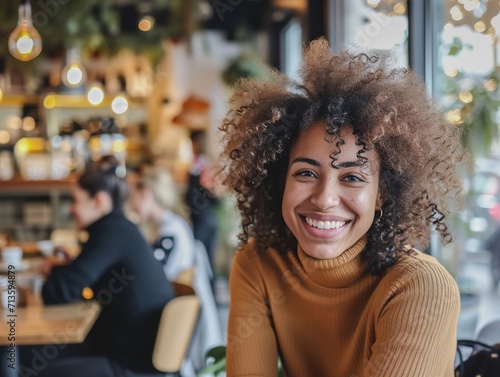 An exuberant young woman with curly hair smiling brightly in the welcoming ambiance of a bustling coffee shop.  © Oleksiy