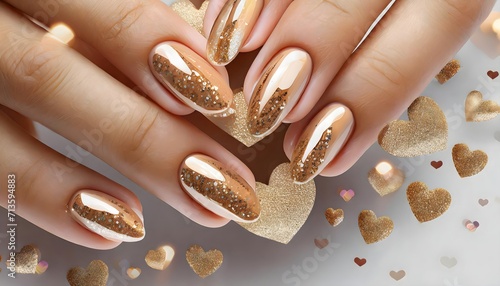 Manicure for Valentine Day gold luxury nails.  photo