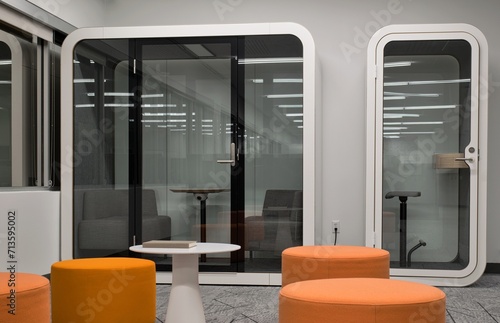 Принти на полотні Privacy booth quiet empty furniture office environment focus room space meetings soundproof table chairs no people
