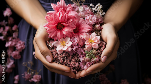 Woman's hands holding a bouquet of beautiful fresh spring flowers in hands photo