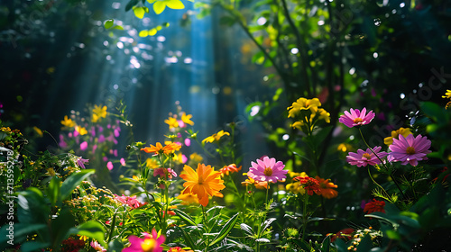Um jardim ensolarado resplandece com uma variedade de flores vibrantes e vegetação exuberante photo