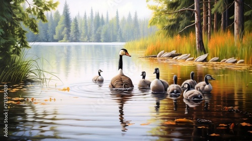 Graceful Goose Family Strolling Along the Water's Edge with Majestic Presence - AI-Generative
