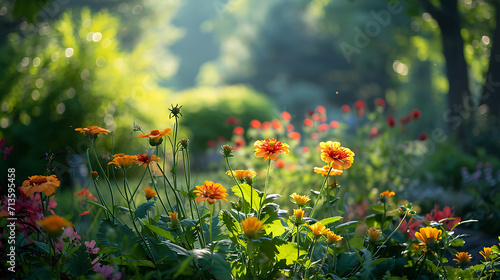 Um jardim ensolarado irrompe com uma variedade de cores de pétalas delicadas a folhagem verde Uma brisa suave carrega a doce fragrância das flores criando um ambiente pacífico e rejuvenescedor