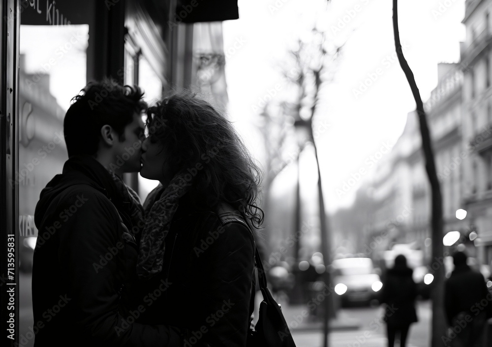 Valentine Kiss, Romantic Silhouettes against City Skyline
