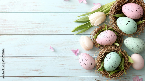 Light pink and blue quail eggs in nests on wooden background with space for text. Easter banner photo